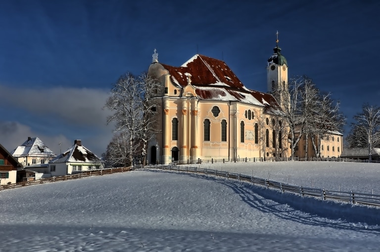 Wieskirche Winter Rokoko Allgäu Sonnenschein Ausflugsziele